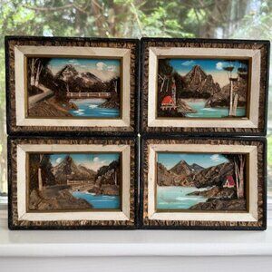 4 Vintage Japanese Bark & Moss 3D Framed Picture Dioramas Shadow Box 7 x 5 In
